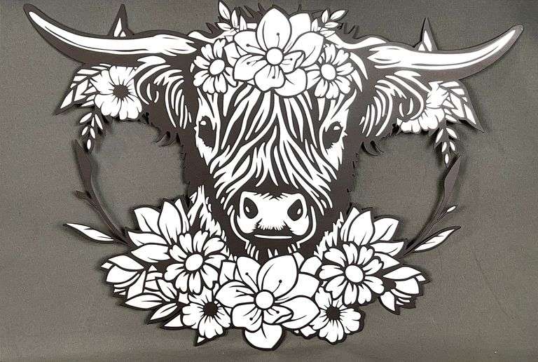 Metal Highland Cow W/ Flowers Wall Art. 11"x17"