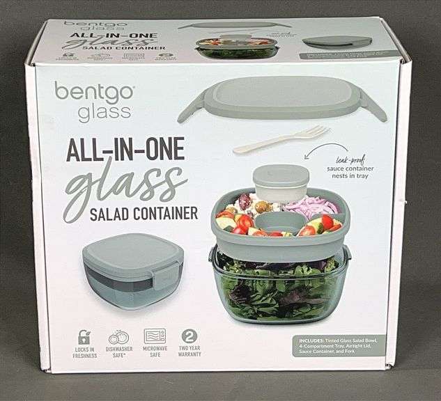 Brand New Bentgo Glass All-In-One Salad Container with Tinted Glass Salad Bowl, 4 Compartment Tray, Airtight Lid, Sauce Container and Fork. In soft Green.