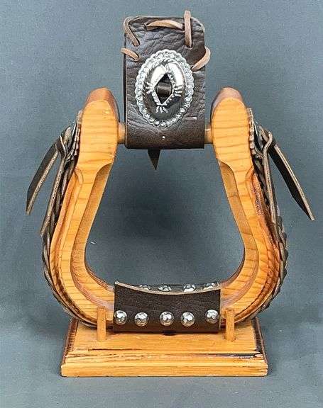 Neat Carved Wood Stirrup on Stand with Leather Accents, 11" high.