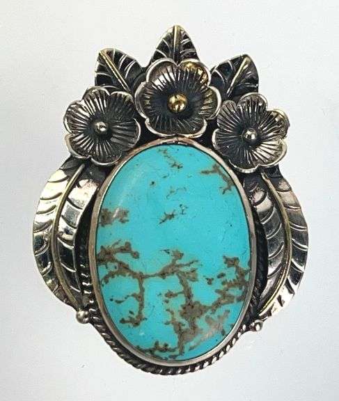 Native American Style Pendant with Floral Carved Setting & Large Turquoise Center Stone, 2.5" high.