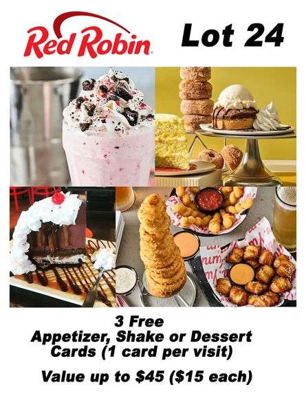 (4) Red Robins Free Appetizer/Shake Or Dessert Cards Value: Up To $60