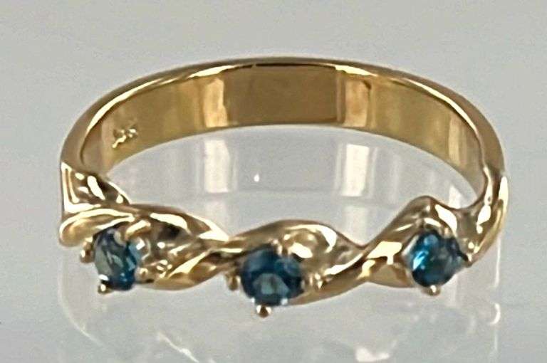 Elegant, High-End Designer Made, 18K Yellow Gold Over Sterling Dress Ring with Three Round 2mm Faceted London Blue Topaz Accents, Size 8.