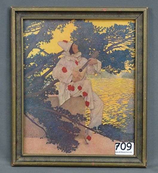 Vintage Maxfield Parrish "Pierrot's Serenade" In Vintage Wood Frame, 13"X11"