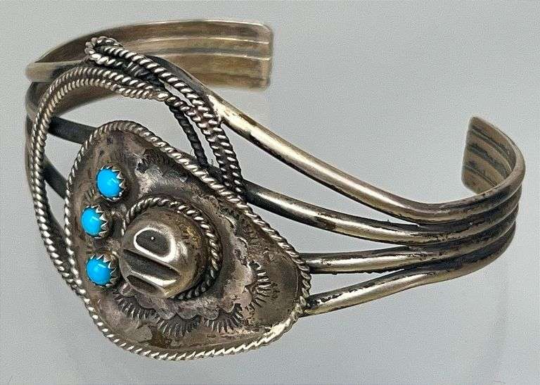 Native Am. Sterling & Turquoise Cowboy Hat Cuff Bracelet.