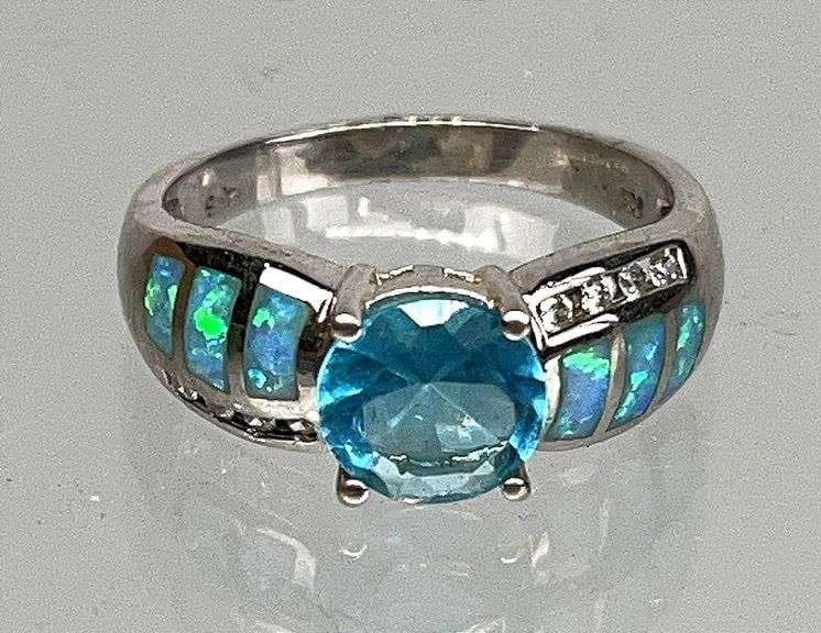 Beautiful Sterling Dress Ring with Inlaid Opal Band & an Approx. 2-Carat Round Blue Topaz Center Stone, Size 9.