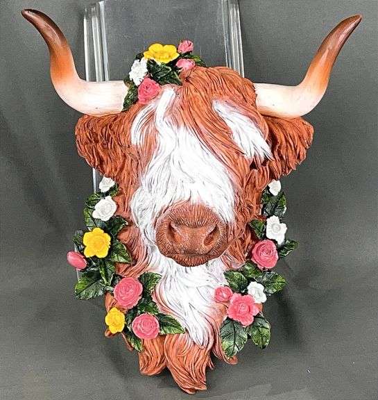 Composition Highland Cow Wall Hanging Bust W/ Flowers. 10" high.