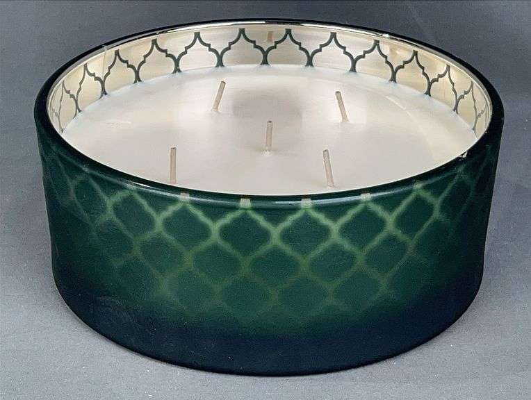 Brand New Large 36-Ounce Winter Balsam 5-Wick Scented Candle In A Frosted Green Mercury Glass Holder. 8" Diameter.