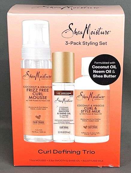 Brand New Shea Moisture 3-Pack Styling Set. Includes Coconut & Hibiscus Frizz-Free Curl Mousse (7.5 fl oz), Coconut & Hibiscus Curl & Shine Oil (3.3 fl oz), and Coconut & Hibiscus Curl & Style Milk (8 fl oz).
