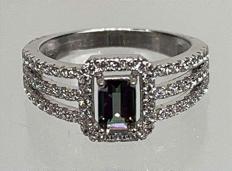 Beautiful Vintage Style Split Band, Sterling Silver Dress Ring with an Approx. 1-Carat Rectangular Cut Mystic Topaz Center Stone & Inset White Topaz Band, Size 7.