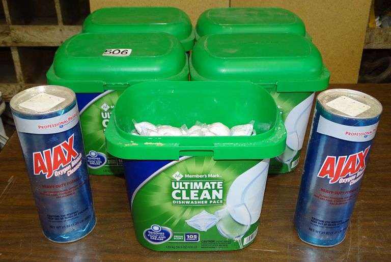 5 Containers of Ultimate Clean Dishwasher Pods & 2 New Cans of Ajax. 4 dishwasher pod containers are full, 1 is mostly full. All for one money.
