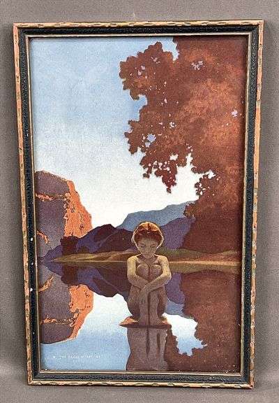 Maxfield Parrish "Evening" Framed Art Print - Marked House of Art NY - 10.5" x 7" - Vintage Art Deco Illustration