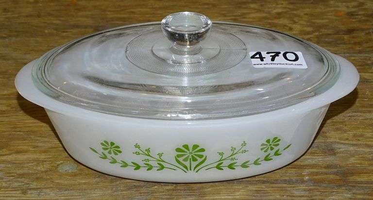 Vintage Green & White Covered Baking Dish.