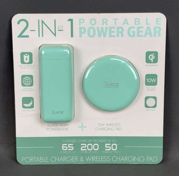 New Tech2 Portable Power Bundle W/ 10,000 MAH Powerbank + 10W Wireless Charging Pad. The portable powerbank has universal compatibility & is very lightweight. It provides up to 65 hours of talk, 20 hours of music & 50 hours of video. The charging pad has a 10W fast charge & works with most Qi enabled devices.