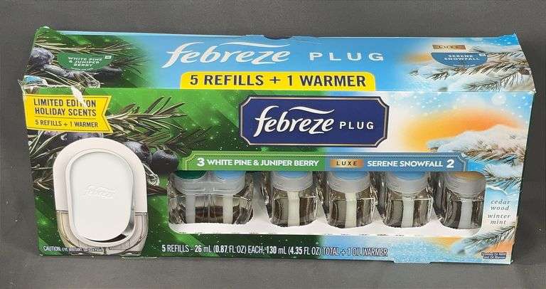 Brand New Febreze Plug Limited Edition Scents, White Pine & Juniper Berry, & Serene Snowfall. 5 Refills & 1 Plug.