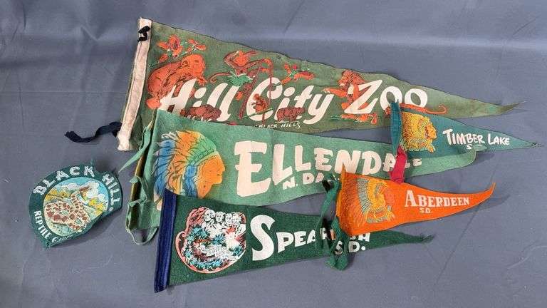 Collection of 6 Vintage Souvenir Pennants & Patch, Largest 25"