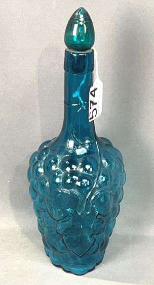 Blue Mold-Blown Glass Grapes Decorative Bottle w/ Topper