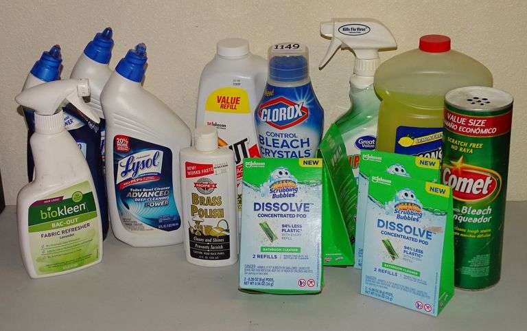 Asst. Bathroom Cleaning Products Including, Lysol Toilet Bowl Cleaner, Bioclean & More. Many bottles feel full. All for one money.