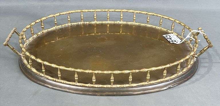 Vintage Brass Gallery Serving Tray 16" Wide Faux Bamboo Rail