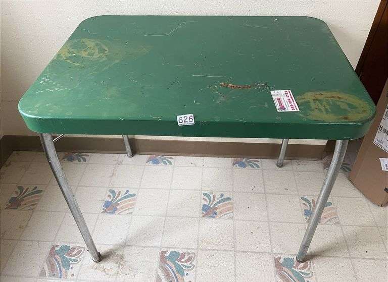 Vintage Green Metal Table W/ Chrome Legs. 28"x34"x24".