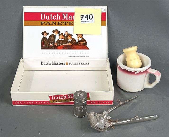 Vintage Dutch Masters Panetelas Cigar Box - Antique Barber Shaving Accessories - Shaving Mug & Brush - Manual Hair Clippers - Colgate Shaving Stick Tin