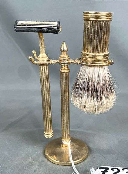 Vintage Brass Razor & Shaving Brush Set with Stand