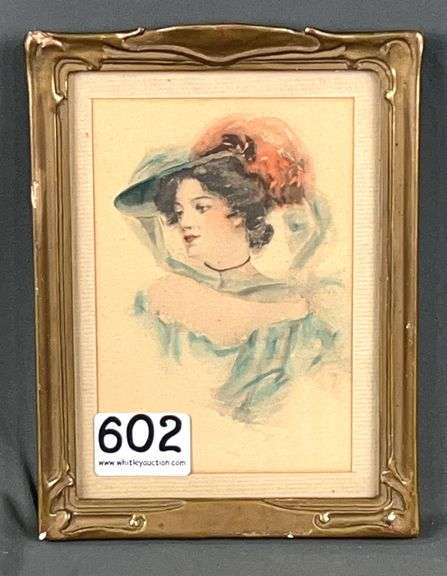 Vintage-Style Framed Portrait Print of a Lady in a Plum-Feathered Hat, 8"x6"