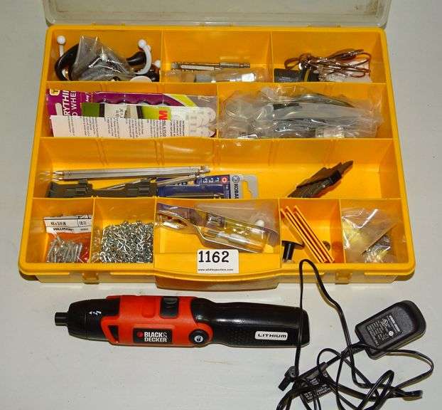 Plastic Organizer W/ Black & Decker Rechargeable Screwdriver, Driver Bits & Fasteners. All for one money.