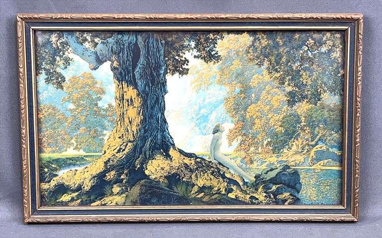 Maxfield Parrish "Dreaming" Framed Art Print - Marked House of Art NY - 6.5" x 10.5" - Vintage Art Deco Illustration