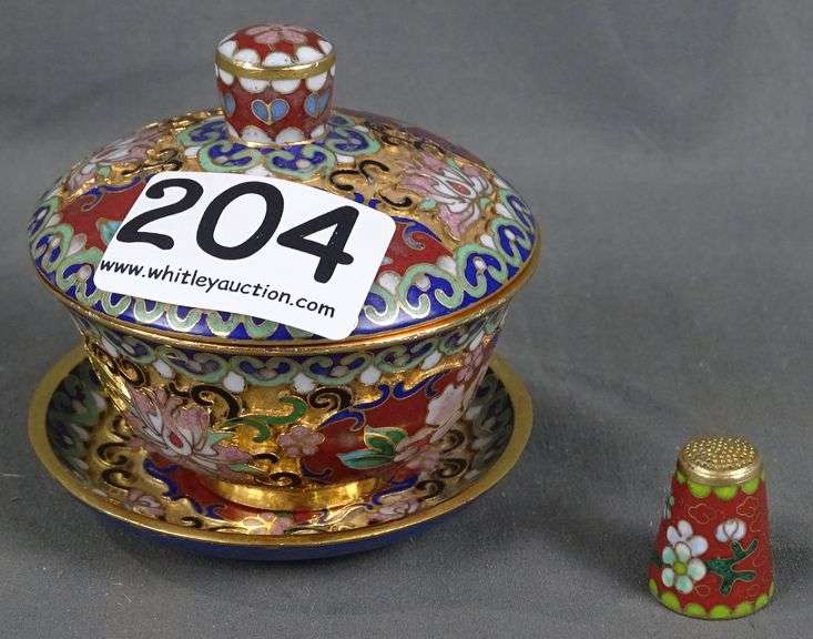 Small Cloisonne Covered Dish with Underplate & Thimble, 3" Diameter.