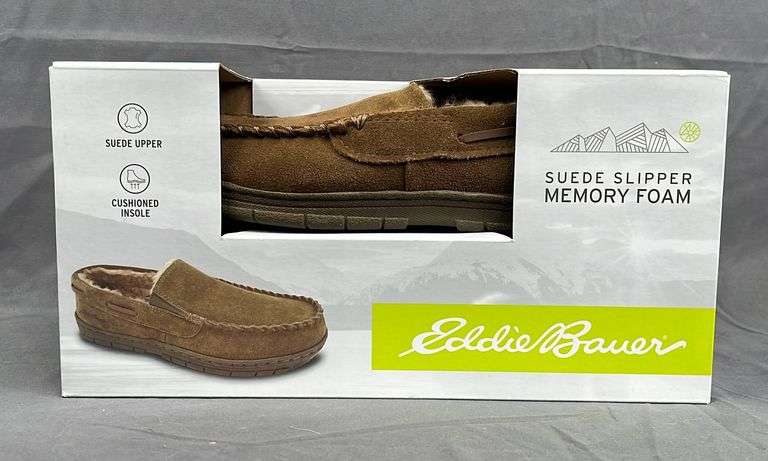 New Mens Size Large, Eddie Bauer Tan Suede Memory Foam Slippers.
