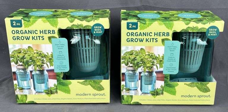 2 Brand New Basil & Mint-Herb Grow Kits. Each kit includes two 1-Quart Blue Glass Mason Jar Vases & Organic Basil & Mint Seed Packets. Enjoy fresh herbs all year-round. Guaranteed to sprout in 5-10 days and yield 6+ months of fresh herbs! 2 times the money. Total price is quantity times bid price.