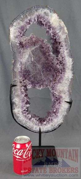 Unique Amethyst Geode Slice on Metal Stand – Elegant Open Design.