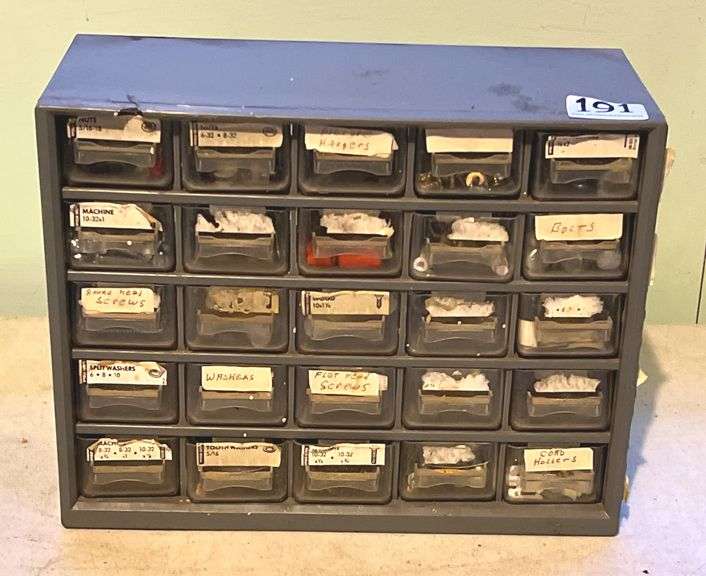 25 Drawer Parts Organizer with Nuts, Bolts, Small Hooks, Glue Sticks & More. All for one money.