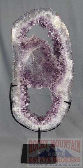 Unique Amethyst Geode Slice on Metal Stand – Elegant Open Design.