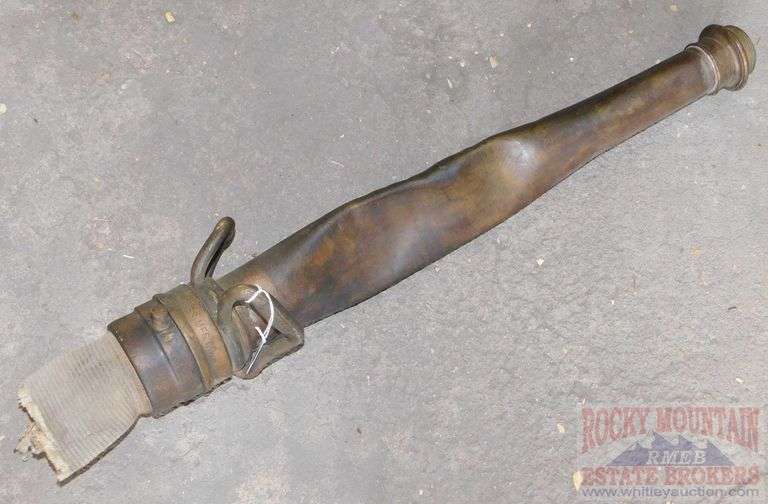 Large 27" Super Cool Vintage Fireman's Nozzle with 2 Handles & Part of Hose. Made by the Elkhart Brass Mfg. Co.   The fire truck most have drove over this which adds to its charm.