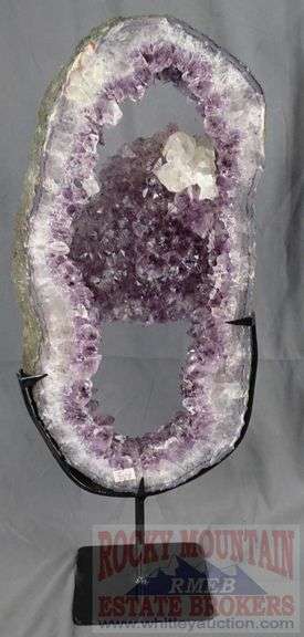 Unique Amethyst Geode Slice on Metal Stand – Elegant Open Design.