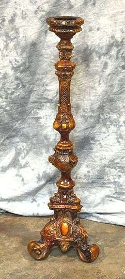 Wonderful Heavily Carved, Atilla's Old World Style Composition Candle Stand with 3-Foot Base, 36" high.