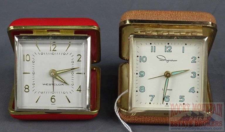 2 Vintage Ingram & Wetclox Travel Alarm Clocks with Cases. Largest is 3". Both for One Money.