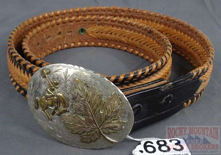 Fantastic Braided Two Tone Leather Belt with Vintage Bucking Bronco Belt Buckle, Size 40.