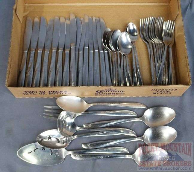 Oneida Stainless Mid-Century Flatware Set Complete for 6 with Serving Pieces, Extra Forks and Knifes. All For One Money.