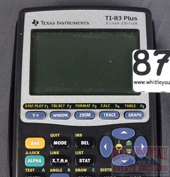 Texas Instruments TI-83 Plus Silver Edition Graphing Calculator with Black Slide Cover.