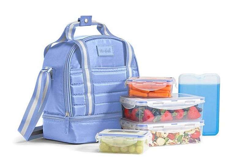Brand New Fit + Fresh Lunch Tote, Purple, with Lunch Kit. Lunch kit includes 4 containers and 1 XL ice pack. Containers are BPA free, top rack dishwasher safe, microwave safe and freezer safe.