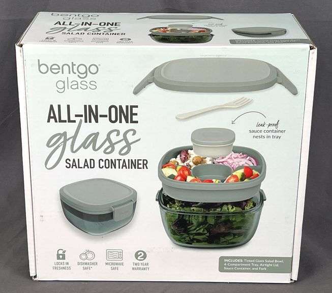 Brand New Bentgo Glass All-In-One Salad Container with Tinted Glass Salad Bowl, 4 Compartment Tray, Airtight Lid, Sauce Container and Fork. In Soft Khaki Green.