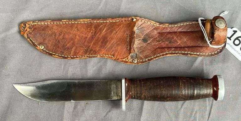 Vintage Imperial 10" Hunting Knife with Stacked Leather Handles & Leather Sheath.