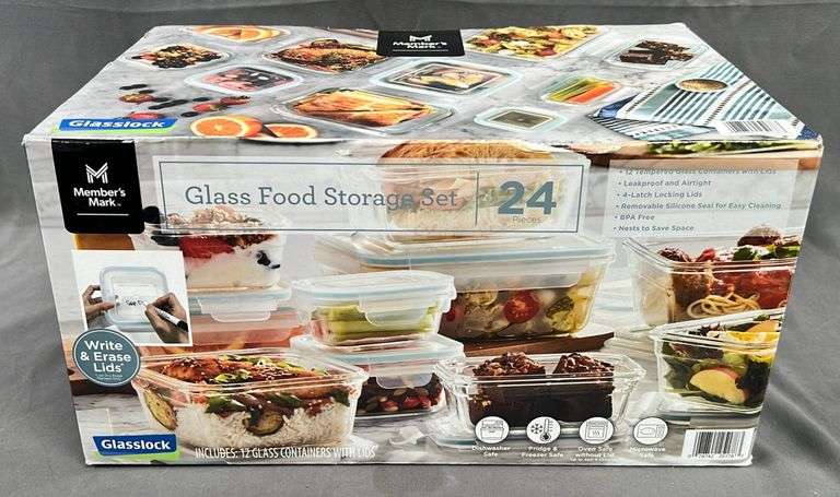Brand New 24-Piece Glass Food Storage Container Set. These will nest for storage, are dishwasher, refrigerator and freezer safe - they are even oven safe without their lids.
