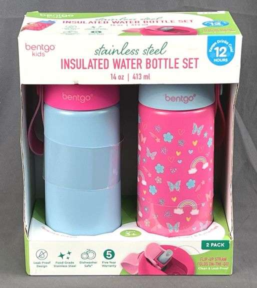 Bentgo Kids 2-Pack Stainless Steel 14oz Insulated Water Bottle Set. Rainbows & Butterflies.