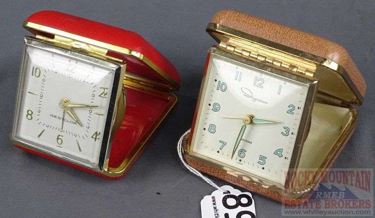 2 Vintage Ingram & Wetclox Travel Alarm Clocks with Cases. Largest is 3". Both for One Money.