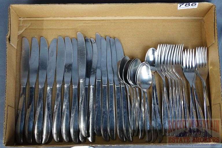 Oneida Stainless Mid-Century Flatware Set Complete for 6 with Serving Pieces, Extra Forks and Knifes. All For One Money.