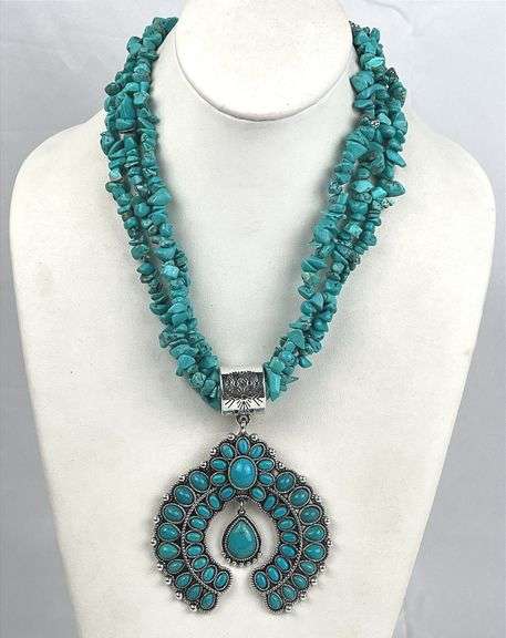 Wonderful Triple Strand Chunky Turquoise Style Necklace W/ Large Western Style Pendant & Matching Earrings. Necklace adjusts from 18"-20".