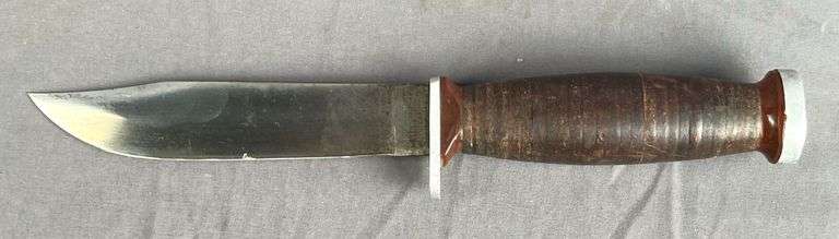 Vintage Imperial 10" Hunting Knife with Stacked Leather Handles & Leather Sheath.